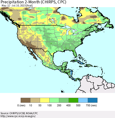 North America Precipitation 2-Month (CHIRPS) Thematic Map For 5/11/2023 - 7/10/2023
