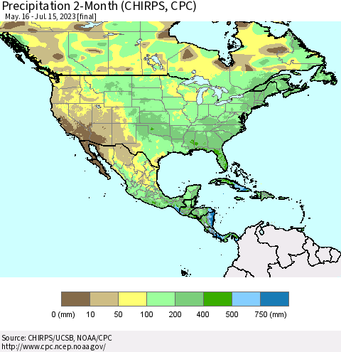 North America Precipitation 2-Month (CHIRPS) Thematic Map For 5/16/2023 - 7/15/2023