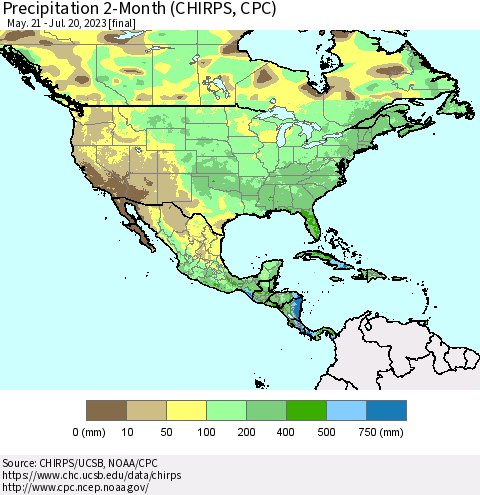 North America Precipitation 2-Month (CHIRPS) Thematic Map For 5/21/2023 - 7/20/2023