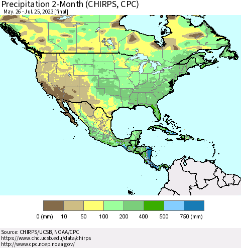 North America Precipitation 2-Month (CHIRPS) Thematic Map For 5/26/2023 - 7/25/2023