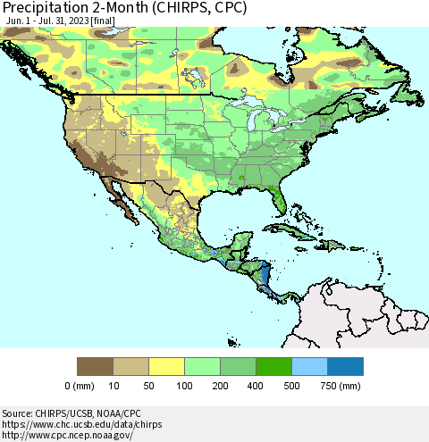 North America Precipitation 2-Month (CHIRPS) Thematic Map For 6/1/2023 - 7/31/2023
