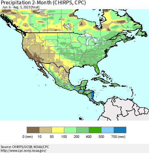 North America Precipitation 2-Month (CHIRPS) Thematic Map For 6/6/2023 - 8/5/2023