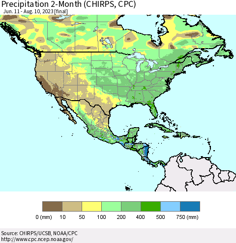 North America Precipitation 2-Month (CHIRPS) Thematic Map For 6/11/2023 - 8/10/2023