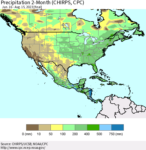 North America Precipitation 2-Month (CHIRPS) Thematic Map For 6/16/2023 - 8/15/2023
