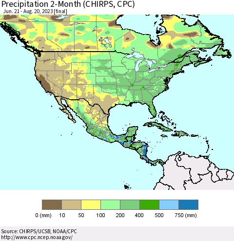 North America Precipitation 2-Month (CHIRPS) Thematic Map For 6/21/2023 - 8/20/2023