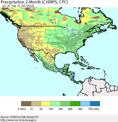North America Precipitation 2-Month (CHIRPS) Thematic Map For 6/26/2023 - 8/25/2023