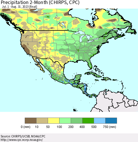 North America Precipitation 2-Month (CHIRPS) Thematic Map For 7/1/2023 - 8/31/2023