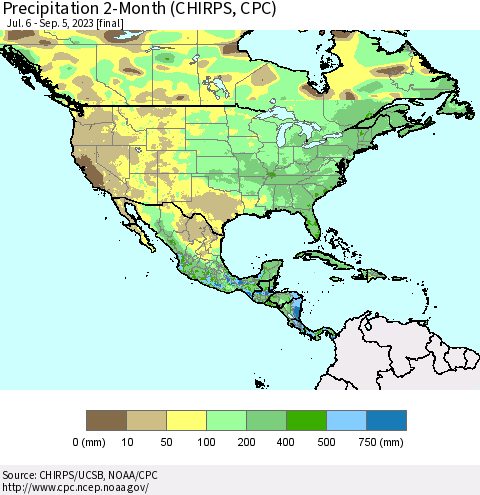 North America Precipitation 2-Month (CHIRPS) Thematic Map For 7/6/2023 - 9/5/2023