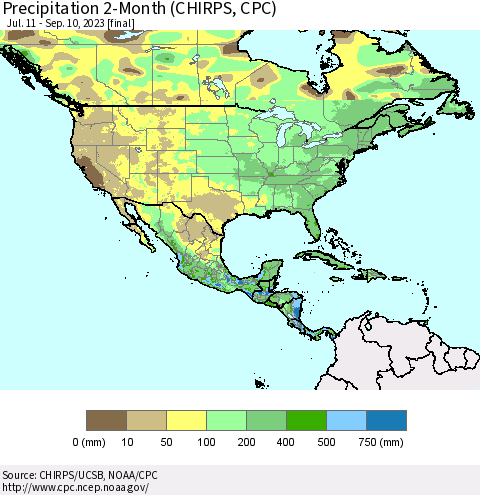 North America Precipitation 2-Month (CHIRPS) Thematic Map For 7/11/2023 - 9/10/2023