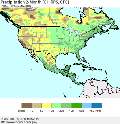 North America Precipitation 2-Month (CHIRPS) Thematic Map For 8/1/2023 - 9/30/2023