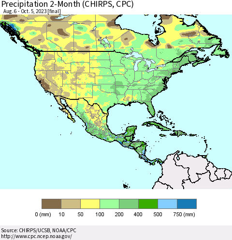 North America Precipitation 2-Month (CHIRPS) Thematic Map For 8/6/2023 - 10/5/2023
