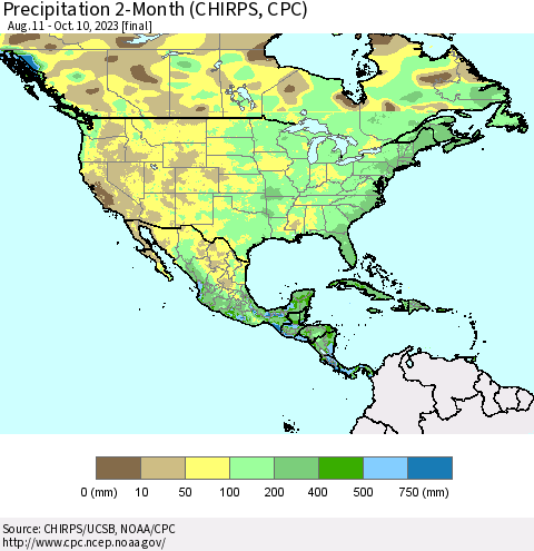 North America Precipitation 2-Month (CHIRPS) Thematic Map For 8/11/2023 - 10/10/2023