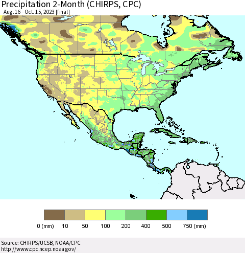 North America Precipitation 2-Month (CHIRPS) Thematic Map For 8/16/2023 - 10/15/2023