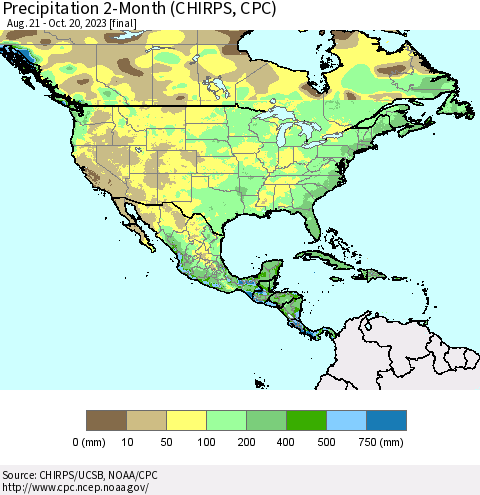 North America Precipitation 2-Month (CHIRPS) Thematic Map For 8/21/2023 - 10/20/2023