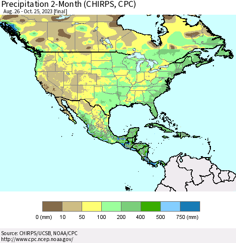 North America Precipitation 2-Month (CHIRPS) Thematic Map For 8/26/2023 - 10/25/2023