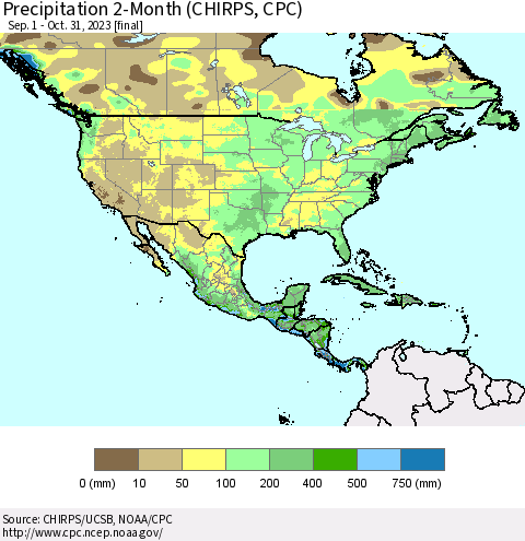 North America Precipitation 2-Month (CHIRPS) Thematic Map For 9/1/2023 - 10/31/2023