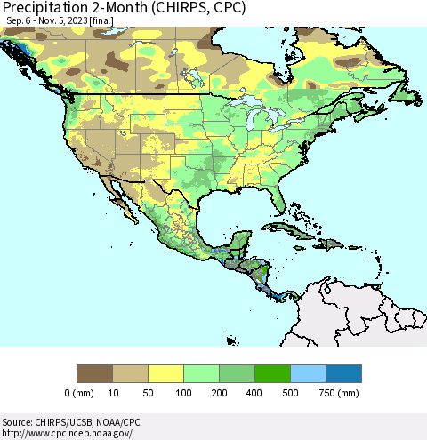 North America Precipitation 2-Month (CHIRPS) Thematic Map For 9/6/2023 - 11/5/2023