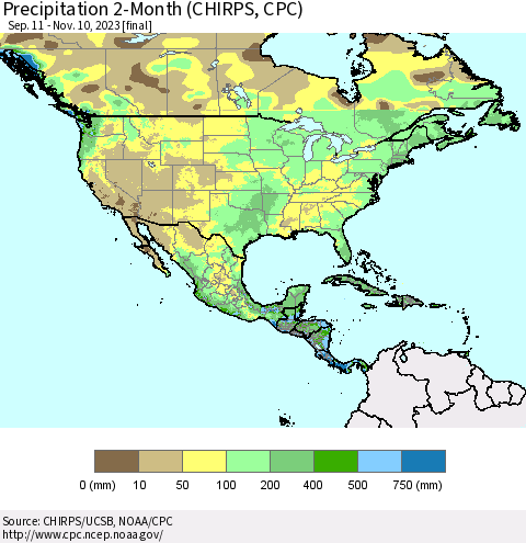 North America Precipitation 2-Month (CHIRPS) Thematic Map For 9/11/2023 - 11/10/2023