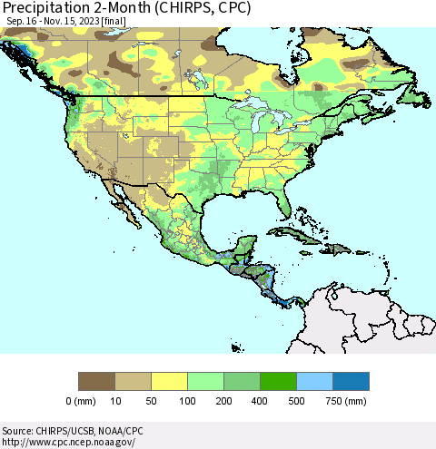 North America Precipitation 2-Month (CHIRPS) Thematic Map For 9/16/2023 - 11/15/2023