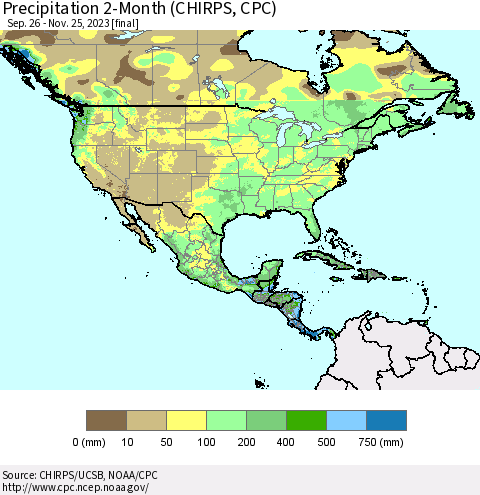 North America Precipitation 2-Month (CHIRPS) Thematic Map For 9/26/2023 - 11/25/2023