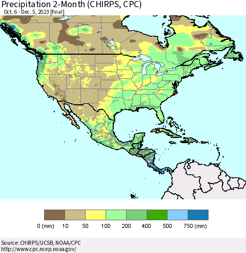 North America Precipitation 2-Month (CHIRPS) Thematic Map For 10/6/2023 - 12/5/2023
