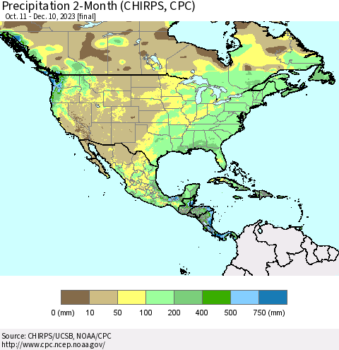 North America Precipitation 2-Month (CHIRPS) Thematic Map For 10/11/2023 - 12/10/2023