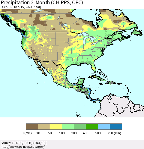 North America Precipitation 2-Month (CHIRPS) Thematic Map For 10/16/2023 - 12/15/2023