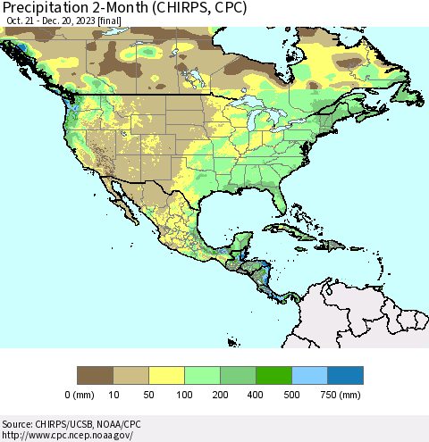 North America Precipitation 2-Month (CHIRPS) Thematic Map For 10/21/2023 - 12/20/2023