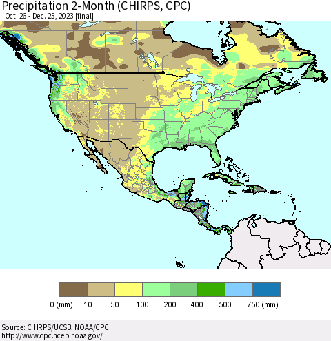 North America Precipitation 2-Month (CHIRPS) Thematic Map For 10/26/2023 - 12/25/2023