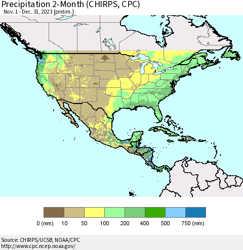 North America Precipitation 2-Month (CHIRPS) Thematic Map For 11/1/2023 - 12/31/2023