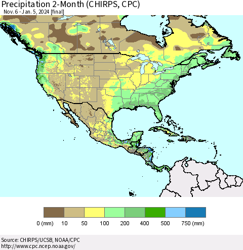 North America Precipitation 2-Month (CHIRPS) Thematic Map For 11/6/2023 - 1/5/2024