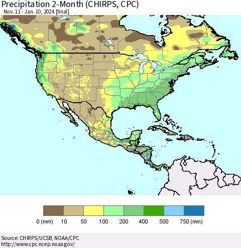 North America Precipitation 2-Month (CHIRPS) Thematic Map For 11/11/2023 - 1/10/2024