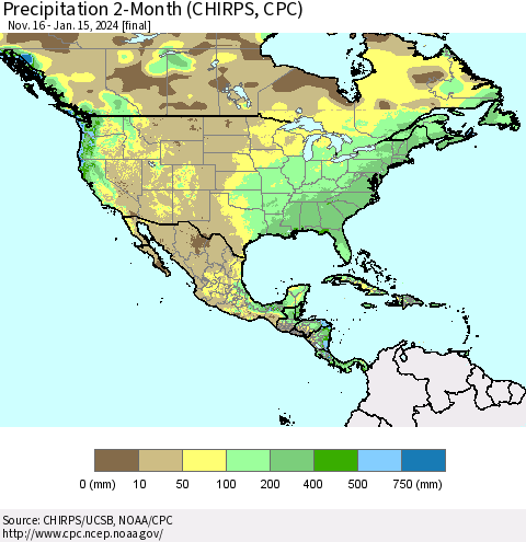 North America Precipitation 2-Month (CHIRPS) Thematic Map For 11/16/2023 - 1/15/2024