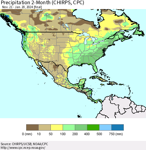 North America Precipitation 2-Month (CHIRPS) Thematic Map For 11/21/2023 - 1/20/2024