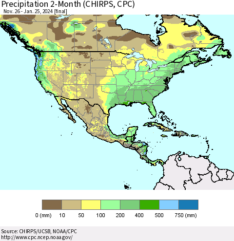 North America Precipitation 2-Month (CHIRPS) Thematic Map For 11/26/2023 - 1/25/2024