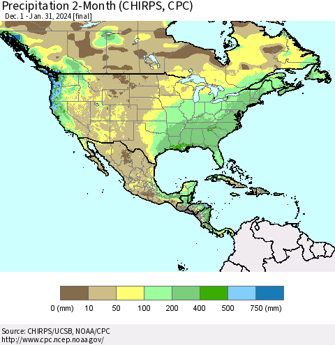 North America Precipitation 2-Month (CHIRPS) Thematic Map For 12/1/2023 - 1/31/2024