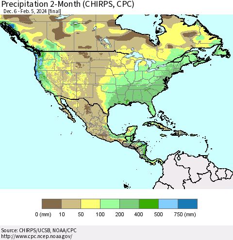 North America Precipitation 2-Month (CHIRPS) Thematic Map For 12/6/2023 - 2/5/2024