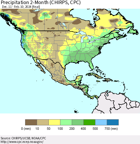 North America Precipitation 2-Month (CHIRPS) Thematic Map For 12/11/2023 - 2/10/2024