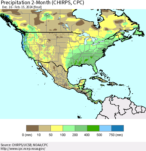 North America Precipitation 2-Month (CHIRPS) Thematic Map For 12/16/2023 - 2/15/2024