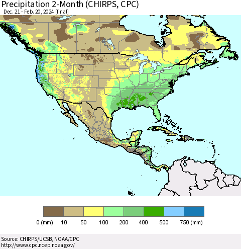 North America Precipitation 2-Month (CHIRPS) Thematic Map For 12/21/2023 - 2/20/2024