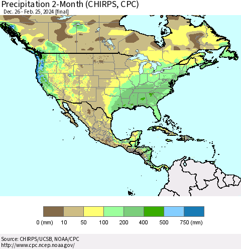 North America Precipitation 2-Month (CHIRPS) Thematic Map For 12/26/2023 - 2/25/2024