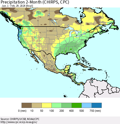 North America Precipitation 2-Month (CHIRPS) Thematic Map For 1/1/2024 - 2/29/2024