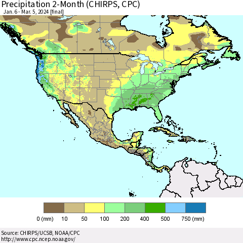 North America Precipitation 2-Month (CHIRPS) Thematic Map For 1/6/2024 - 3/5/2024