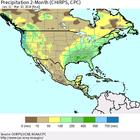 North America Precipitation 2-Month (CHIRPS) Thematic Map For 1/11/2024 - 3/10/2024