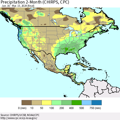 North America Precipitation 2-Month (CHIRPS) Thematic Map For 1/16/2024 - 3/15/2024