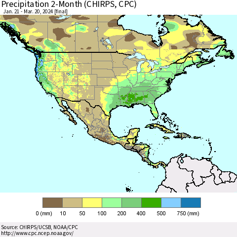 North America Precipitation 2-Month (CHIRPS) Thematic Map For 1/21/2024 - 3/20/2024