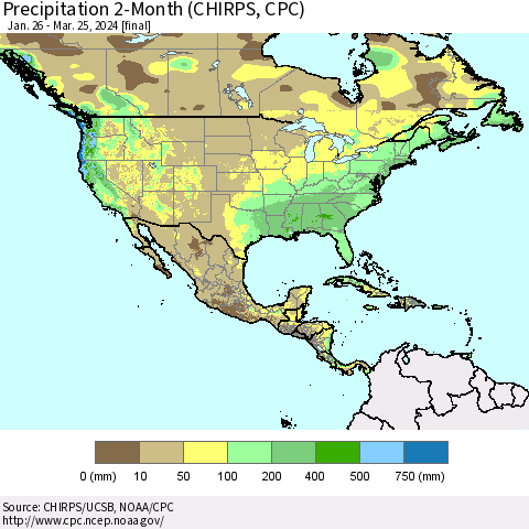 North America Precipitation 2-Month (CHIRPS) Thematic Map For 1/26/2024 - 3/25/2024