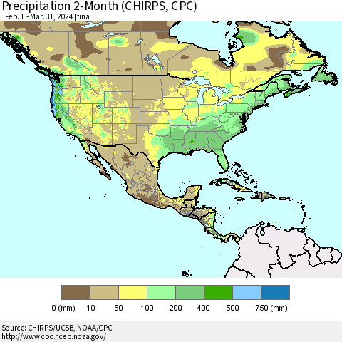 North America Precipitation 2-Month (CHIRPS) Thematic Map For 2/1/2024 - 3/31/2024
