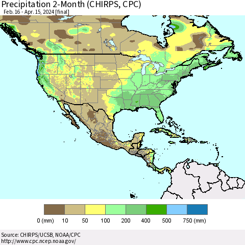 North America Precipitation 2-Month (CHIRPS) Thematic Map For 2/16/2024 - 4/15/2024