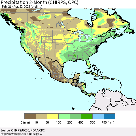 North America Precipitation 2-Month (CHIRPS) Thematic Map For 2/21/2024 - 4/20/2024